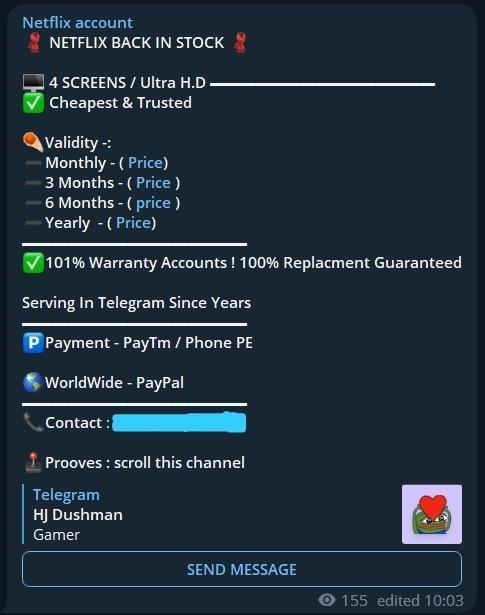 在Telegram進行的 Netflix 帳戶銷售